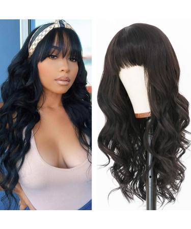 EVLYNN Wigs With Bangs Long Curly Wavy Wave Wig Synthetic Fiber Natural Black Hair Glueless Long Wig Full Machine None Lace Front Wig For Women… black curly hair none lace wigs 24"