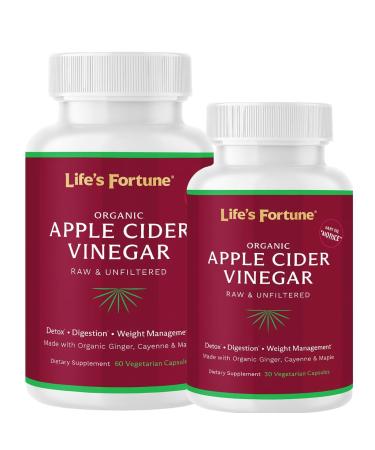 Life's Fortune Organic ACV Apple Cider Vinegar Capsules 700mg with Mother Supplement Support Healthy Digestion with Ginger & Cayenne Pepper 30 Cap & 60 Cap