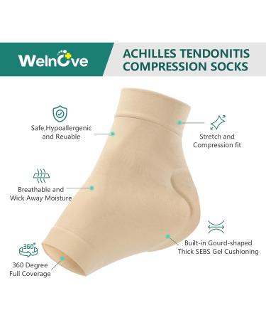 Welnove Achilles Tendonitis Heel Protector Socks - Compression Support & Gel Padded Sleeve for Bursitis Tendonitis Relief - 1 Pair Beige - Buy Online on GoSupps.com