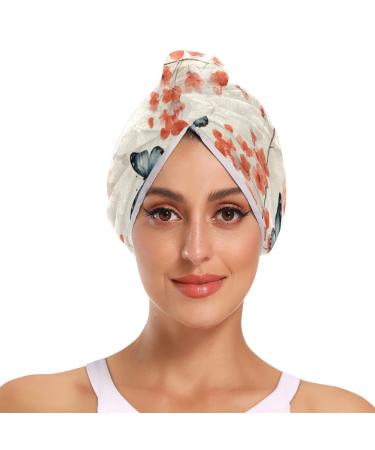 Summer Flowers Butterflies Fly Hair Towel 2 Pack Super Absorbent Hair Drying Towel Quick Dry Hair Turbans Head Towel with Button Twisty Wrap for Women Girls
