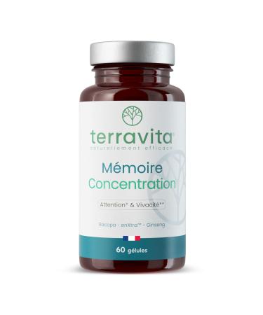 M moire Concentration | Ginseng Rouge de Cor e + Bacopa + Actif Brevet EnXtra | 5 Heures de Vivacit et de Clart Intellectuelle | Nootropique sans Caf ine | 60 G lules | Made in France | Terravita