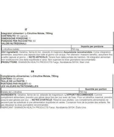 Swanson L-Citrulline Malate Complex 750mg - 60 Caps | Endurance & Cardio Support - Buy Online on GoSupps.com