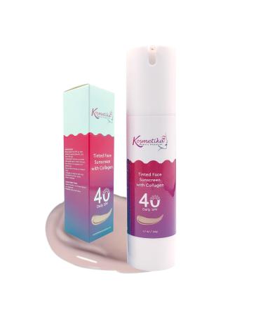 Kosmetika | Tinted Face Sunscreen with Collagen | Daily SPF 40 | 1.7oz / 50g | UVA & UVB Protection | Non-sticky & Non-greasy | All Skin Types | Water-resistant | No White Cast