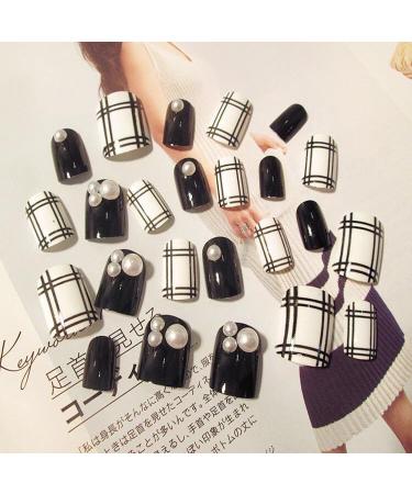 24Pcs/Set Press On Nails Black Withe With Pearl False Nails Acrylic Fake Nails Full Cover Nails Tips Artificial Finger Manicure Press on nails for Women and Girls - Buy Online on GoSupps.com