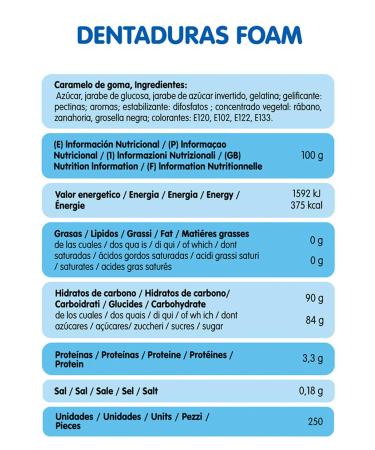 Vidal Dents originales en blanc bleu vert et jaune Bonbon en caoutchouc en forme de dentier sans gluten et sans graisse - Sachet de 250 u - Buy Online on GoSupps.com