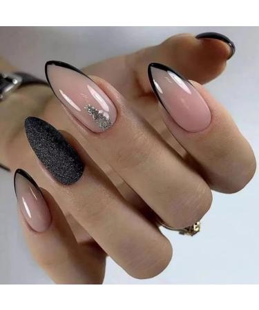 JUSTOTRY 24 Pcs Glitter Short False Nails Almond Black Press on Nails with Diamond Pattern Glossy Fake Nails Short with Nail Glue Stiletto Stick on Nails for Women Nails Fake Nail Medium for Nails Art glitter&black2