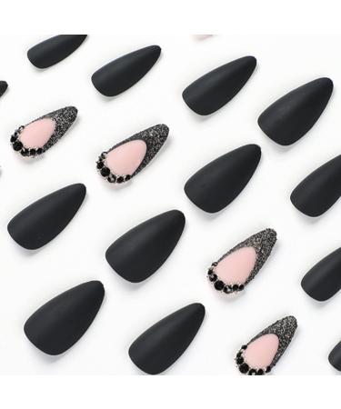24 Pcs Black Tip Almond French Press-on Nails - Medium Length Glossy Full Cover False Nails for Women and Girls - Buy Online on GoSupps.com