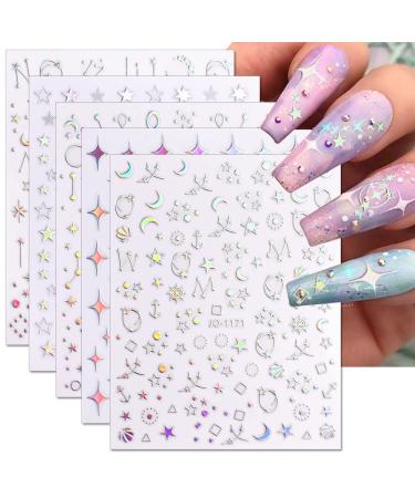 Dornail 6 Sheets Aurora Silver Star Moon Planet Nail Stickers 3D Holographic Laser Stars Nail Decals Self Adhesive Nail Art Stickers DIY Nail Design Nail Art Decoration