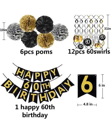 Black & Gold Glittery 60th Birthday Banner & Decor Kit - Sparkling Party Supplies for 60th Anniversary Celebration - Buy Online on GoSupps.com