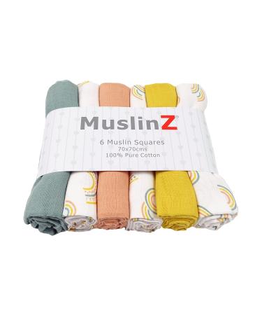 MuslinZ 6pk Baby Muslin Squares Burp Cloths Dribble Cloth Breastfeeding Cover 70x70cm 100% Pure Cotton Absorbent & Breathable (Scandi Rainbow) - Buy Online on GoSupps.com