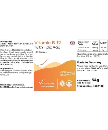 Vitamin B12 with Folic Acid 500 g Vitamin B12 & 100 g Folic Acid - Vegan -! FOR 6 MONTHS! High dosed - Box of 180 tablets - Buy Online on GoSupps.com
