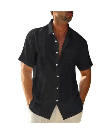 BEUU Summer Mens Short Sleeve Cuban Camp Guayabera Shirt Cotton Linen Hippie Relaxed Fit Beach Button Down Casual Shirts Carnival American Flag Stars Biker Motorcycle Vest Gothic Quilted Checked Plaid