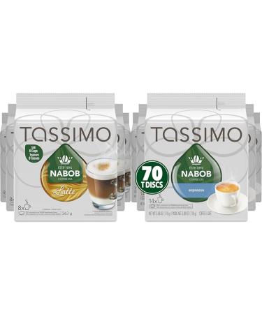 Tassimo Nabob Latte Coffee Single Serve T-Discs 263g (5 Boxes of 8 T-Discs) & Nabob Espresso Single Serve T-Discs 110g (5 Boxes of 14 T-Discs) Coffee + Nabob Espresso