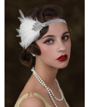 Sweetv 1920s Flapper Headband | Great Gatsby Feather Headpiece - Roaring 20s Vintage Hair Accessory in White - Buy Online on GoSupps.com