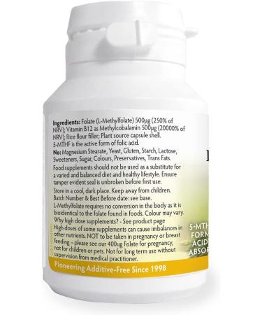 Folate 500mcg & Vitamin B12 500mcg x 90 Capsules - No Magnesium Stearate - Buy Online on GoSupps.com