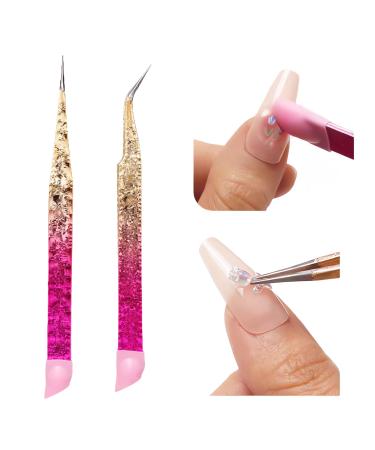 2PCS Multifunctional Double Ended Nail Art Tweezers for Women  Stainless Steel Straight & Curved Tip & Silicone Head  Nail Rhinestone Stickers Jewel Gem Applicator Tool