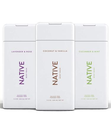 Native Body Wash 3 Pack - Natural Body Wash Women & Men - SLS & Paraben Free - Cucumber & Mint Coconut & Vanilla Lavender & Rose