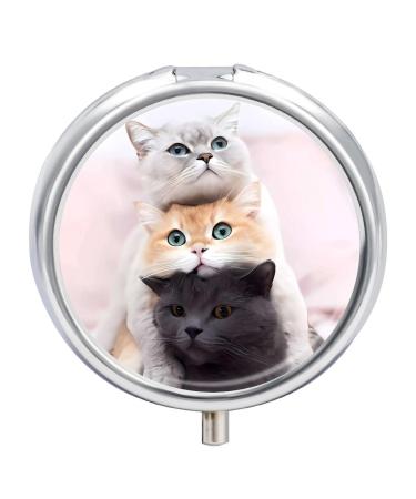 Pill Box Pill Case 3 Compartment Travel Pill Box Cats Printing Small Pill Box Portable Medicine Pill Case Pill Organizer for Purse & Pocket for Travel Handbag (Round)