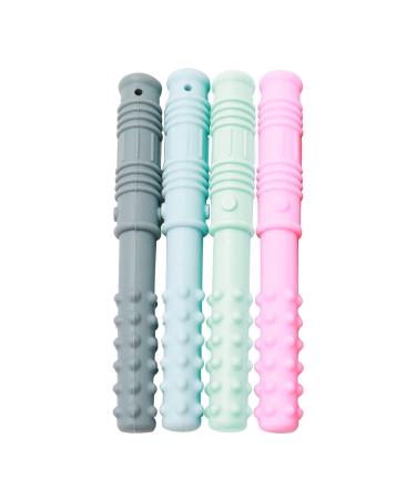 4PCS Sensory Chew Necklace Food Grade Silicone Chewing Toys Set Oral Sensory Autism Chew Necklace for Autism ADHD Teething Babies Anxiety(Pink  Mint Green  Light Blue  Gray Size:3.94 x 0.51inch) 3.94 x 0.51 Inch pink  mi...
