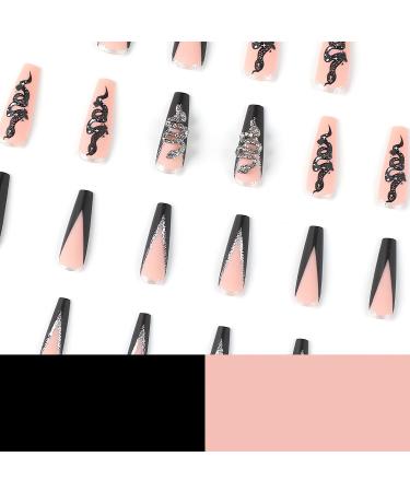24 Pcs Long Coffin Black French Tip Press on Nails with Silver Snake Rhinestone - Exquisite Acrylic False Nails for Manicure Decoration - Buy Online on GoSupps.com