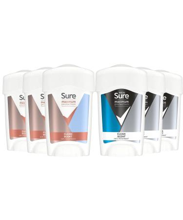 Sure Maximum Protection Clean Scent Deodorant Stick Pack for Couples - Pack of 6 x 45ml sticks (3 x Sure Maximum Protection Men 3 x Sure Maximum Protection Women)