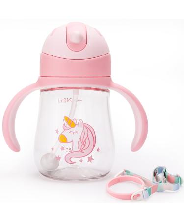 Dilovely Tritan Sippy cups for Baby 6+ Months Weighted Straw Trainer Cup with Handles 8 Oz Leakproof Soft Silicone Straw first Infant Water Bottle Pink