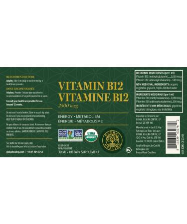 Global Healing Vitamin B12 Triple Activated Blend 2500 mcg Organic Sublingual Liquid Drops | 2-in-1 Methylcobalamin & Adenosylcobalamin for Energy Mood and Heart Health 30-Day Supply - 1 Fl Oz - Buy Online on GoSupps.com