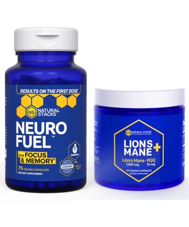 NATURAL STACKS Lions Mane Mushroom + NeuroFuel Nootropic Supplement Bundle - Supports Memory Focus & Learning - 135 Capsules