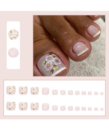 24Pcs French Square False Toenails Glossy Press on Toenails White Flowers Stick on Toenails Short Acrylic Full Cover Artificial Summer Fake Toenails for Women and Girls Daily Decorations Flowers Toenails - Buy Online on GoSupps.com