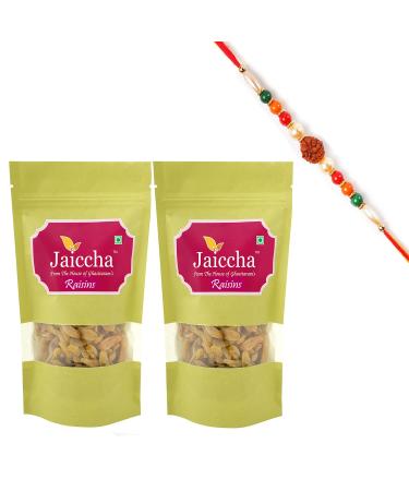 Jaiccha Ghasitaram Rakhi Gifts for Brothers Rakhi Dryfruits - Selected Indian Raisins 400 GMS in Green Paper Pouch with Rudraksh Rakhi