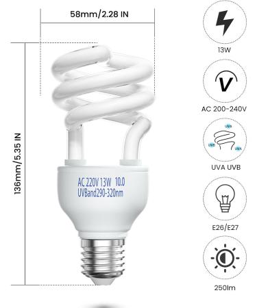 Doright 10.0 13W UVB Lamp for Reptiles - E27 UVA UVB Terrarium Light for Lizards Chameleons and Turtles - AC 220-240V Fluorescent Bulb - Buy Online on GoSupps.com