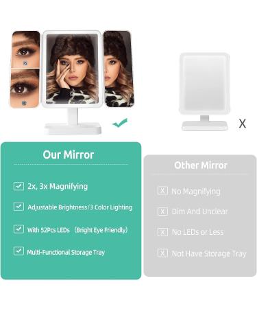 FVITA Tri-Fold Makeup Mirror with Lights - 3 Color 52 LED HD, Touch Control, 2X 3X Magnification, Portable Vanity Mirror for Women - White - Buy Online on GoSupps.com