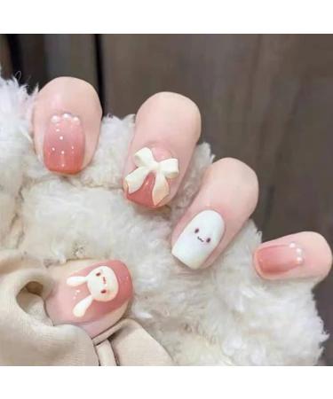 Cute Bunny Press on Nails for Women Kid Short Easter Fake Nail Cute Rabbit Fake Nails with Glue Short Full Cover False Nail Tips Stick on Nails Lovely Gift Girls Nail Art Decoration -Pink