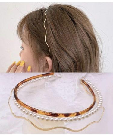 3 SET Alice Bands Headband Leopard Print Faux Pearl Slim Gold Wavy Hair Band Gift Set - Buy Online on GoSupps.com