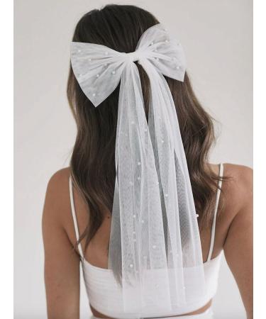 Vakkery Bride Pearl Bow Hair Clip Long Tulle Hair Bow Veil Wedding Bachelorette Party Decoration Bridal Shower Headpiece Hair Accessories for Women and Girls - Buy Online on GoSupps.com
