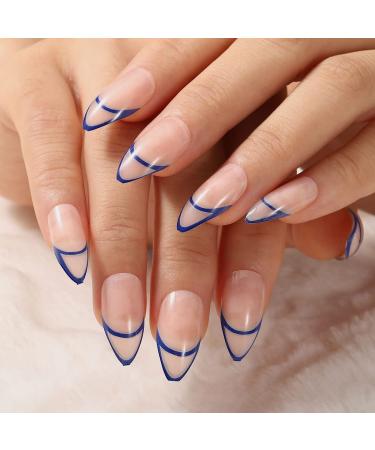Glossy Almond Press on Nails Blue Line - 24Pcs Medium Oval Geometric French Tips for Women and Girls - Buy Online on GoSupps.com