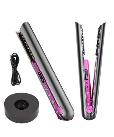 Cordless Hair Straightener and Curler 2 in 1 with Charging Base Ceramic Flat Iron Mini Wireless Portable Travel Hot Tools Straight Curl for Women USB Rechargeable Black