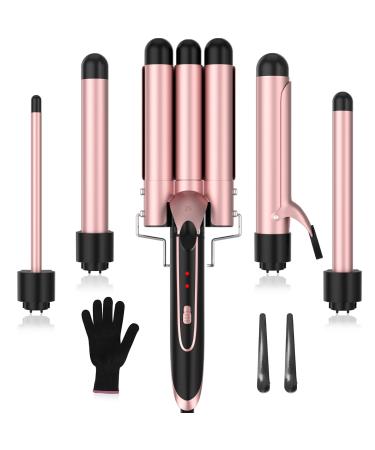 Curling Iron, 5 in 1 Curling Wand Set with 1" 3 Barrel Hair Crimper Hair Waver & 4 Interchangeable Barrel, 2 Temps, Instant Heating, Anti-Scald Heads, 2 Hair Clips and Heat Protective Gloves Pink