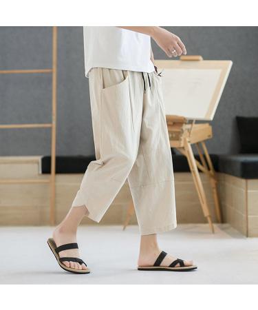 Men's Cotton Linen Yoga Pants with Pockets - Stylish Print Drawstring Sweatpants for Workouts and Lounging | White XL - Buy Online on GoSupps.com