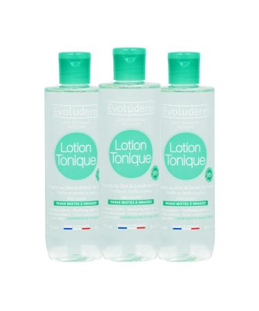 EVOLUDERM - Purifying Toning Lotion for Combination to Oily Skin - 250 ml - 95% Natural Origin - Vegan - Made in France - Pack of 3 x 250 ml