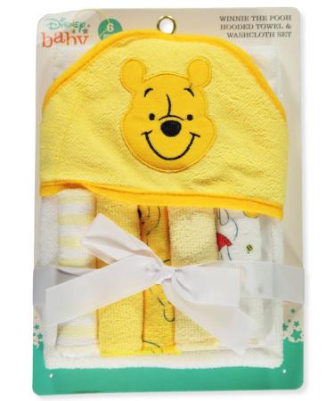 Cudlie Accessories Disney Baby Winnie The Pooh Hooded Towel with 5 Piece Washcloth Set, Honey Collector Print, GS71798, Yellow
