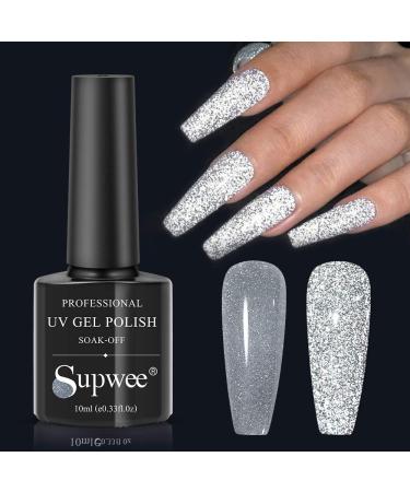 Supwee 10ml Reflective Glitter Gel Nail Polish Sparkling Diamond Nail Polish Gel Silver Nail Polish Soak Off UV Gel Silver Reflective Gel
