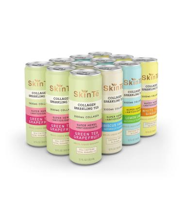 SKINTE Collagen Sparkling Tea - 4 Flavor Variety Pack - 3000mg Collagen Peptides & Rich in Super Herbs & Antioxidants - Benefits Hair, Skin, and Nails - Zero Added Sugar & Non GMO - 12 oz Pack of 12 12 Fl Oz (Pack of 12)
