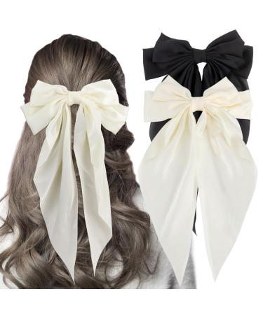 Big Bow Hair Clips - Hair Bows with Long Silky Satin Solid Color French Barrette Simple Hair Fastener Accessories for Women Girls Gift (Black white)