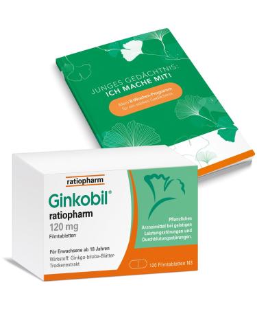 Ginkobil Ratiopharm 120 mg film-coated tablets plus free hands-on book: For a young memory with Ginkgo Biloba extract to strengthen memory and concentration* 120 film-coated tablets 120 pieces (1 Pack + Free Mit.