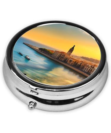 Buy Sunset in Barcelona Round Pill Box Organizer - 3 Compartments for Travel & Daily Use - Portable Design for Purse & Pocket - Buy Online on GoSupps.com