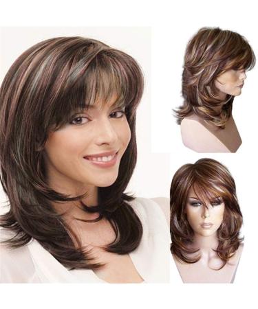 Wig Women short curly hair wig oblique bangs micro volume long hair brown pick dyed short hair