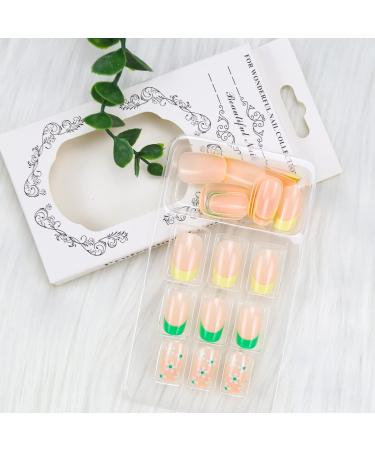 French Tip Press On Nails Short with White Flower Design | Yellow Green French False Nails | Spring Acrylic Stick On Nails for Women - Buy Online on GoSupps.com