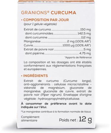 Turmeric GRANIONS | Antioxidant Dietary Supplement | Turmeric 150mg with Turmeric + Manganese + Copper + Piperine | Anti Inflammatory Antioxidant Cartilage Capsules | Made in France | 30 Capsules - Buy Online on GoSupps.com