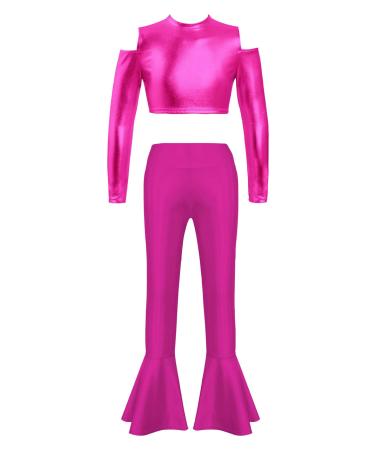 Loloda Kids Shinny Metallic Stretchy Flare Pants Girls Athletic Footless Legging Tights Bell Bottom Dancewear Costume Pink Set 14 Years